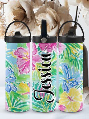 Custom Name (optional) Floral Stainless Steel Tumbler with Portable Handle